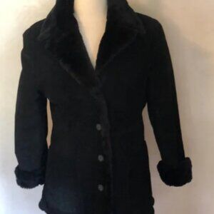 Leather Limited Vintage Black Coat w/faux fur lining & front button up SizeLarge